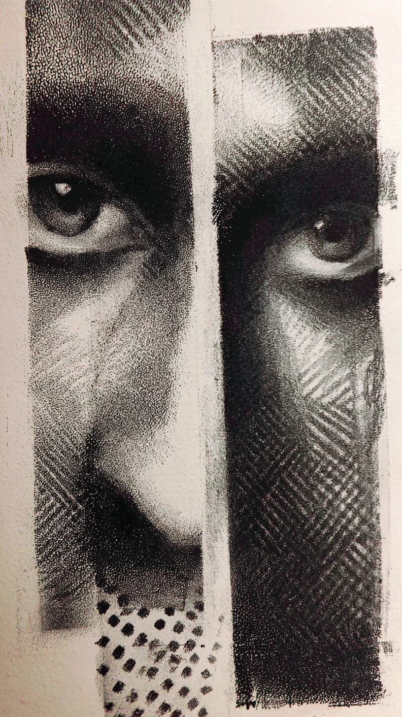Luminous eyes suspended in dark negative space