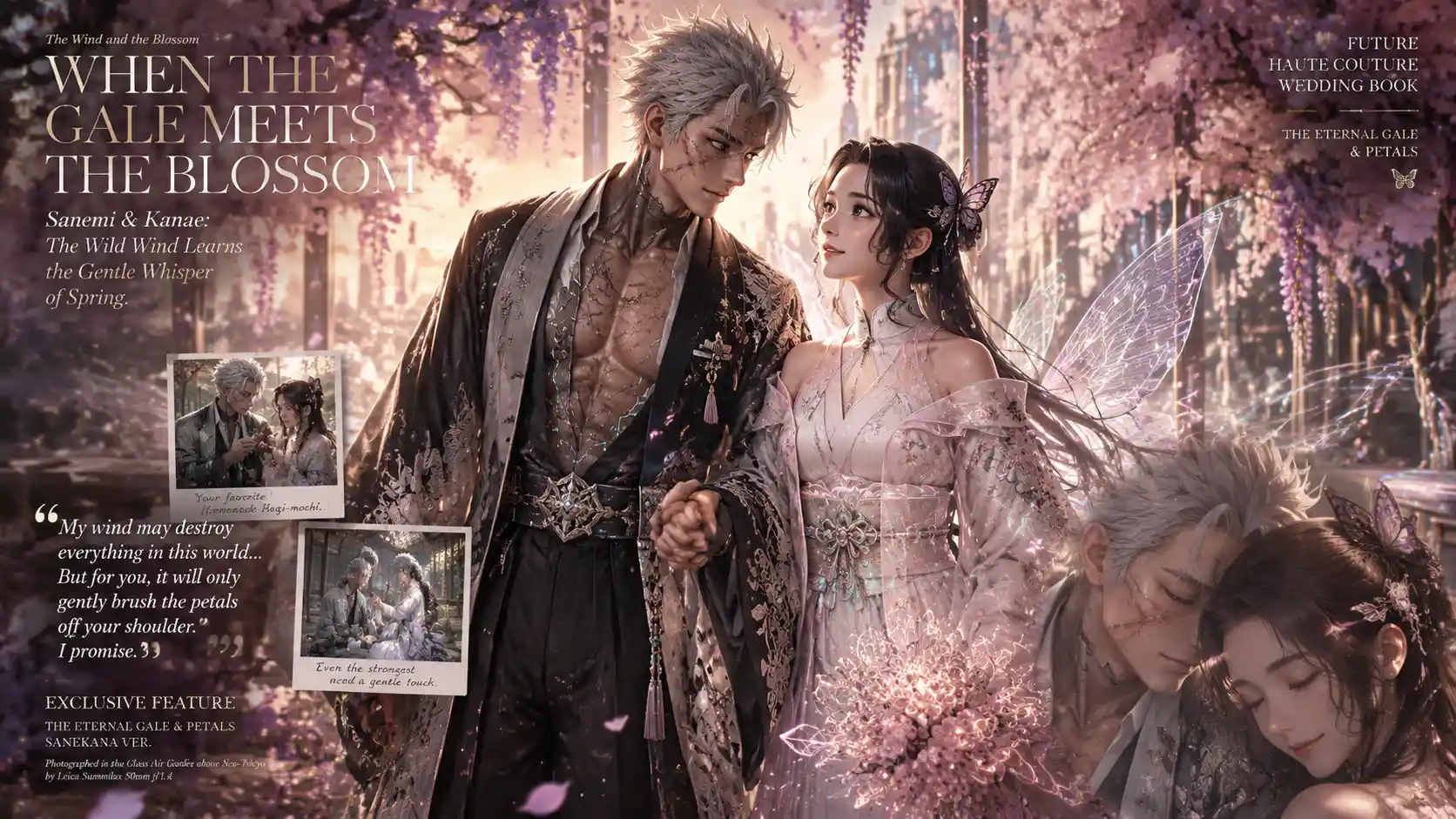 Futuristic bridal couple under holographic blossoms at sunset