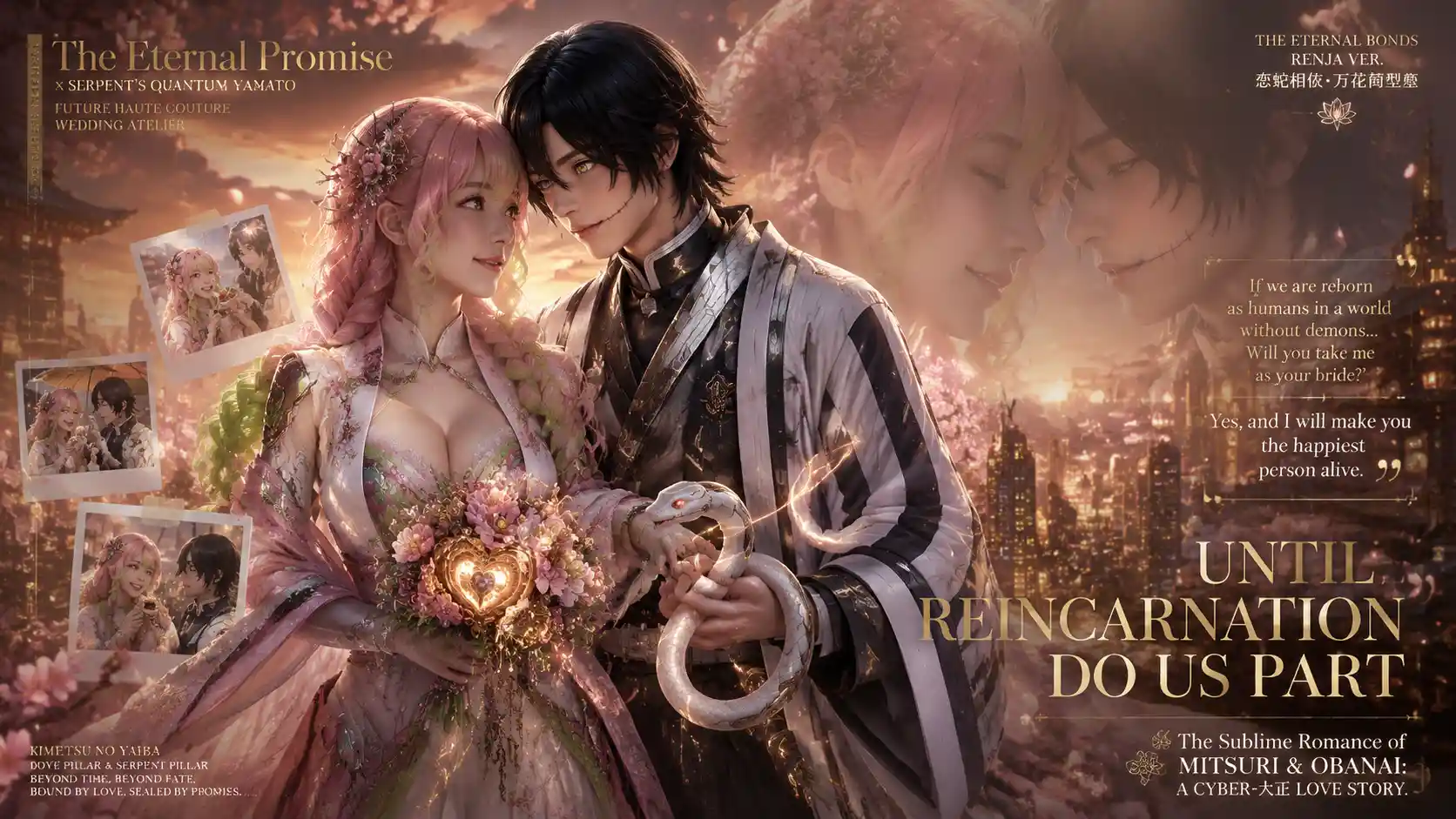 Futuristic wedding couple in a glowing sakura sky garden