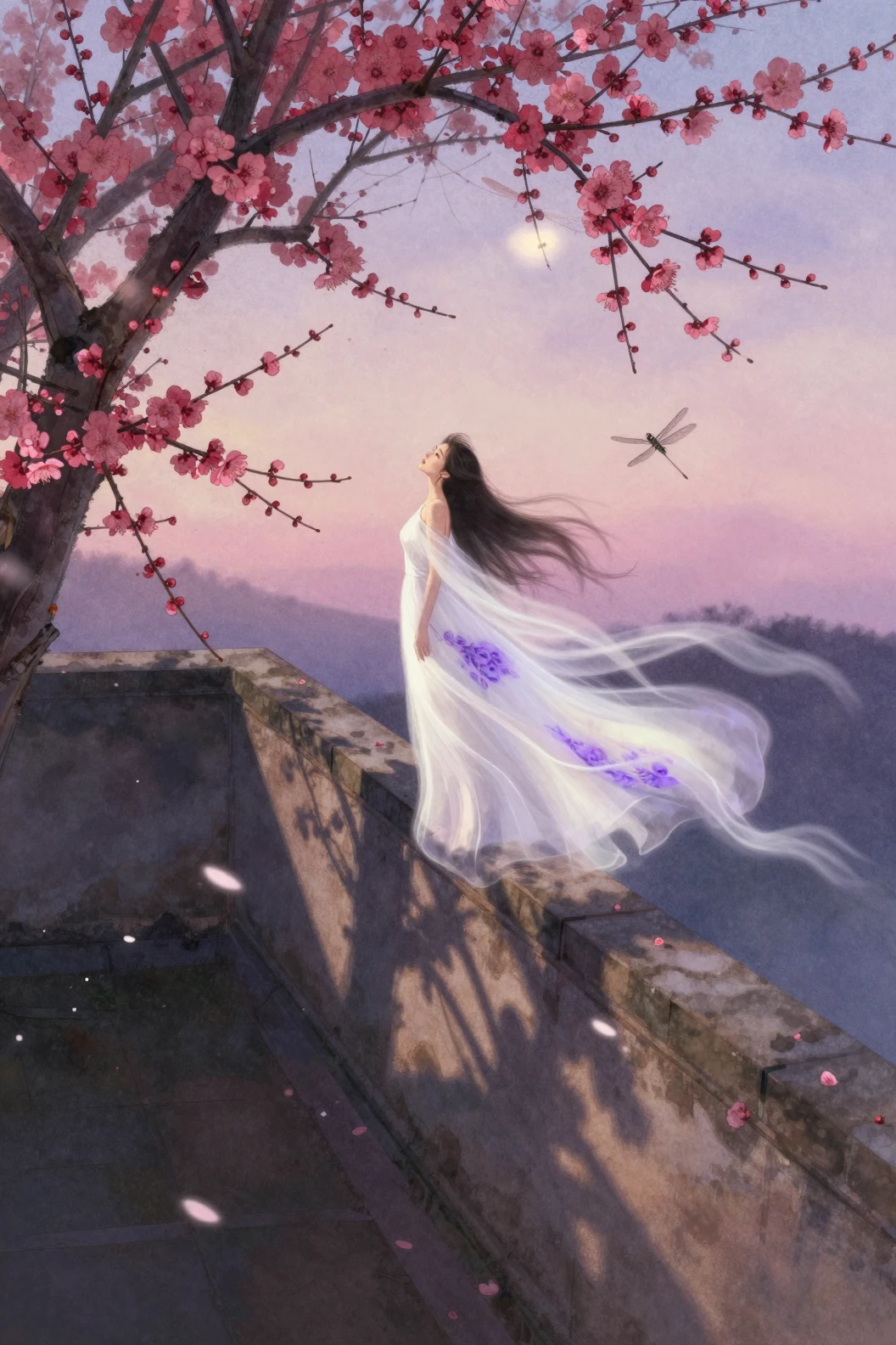 Woman in gossamer gown among plum trees at dusk
