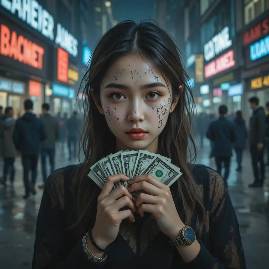 Lonely girl surrounded by debts in a dark abstract world