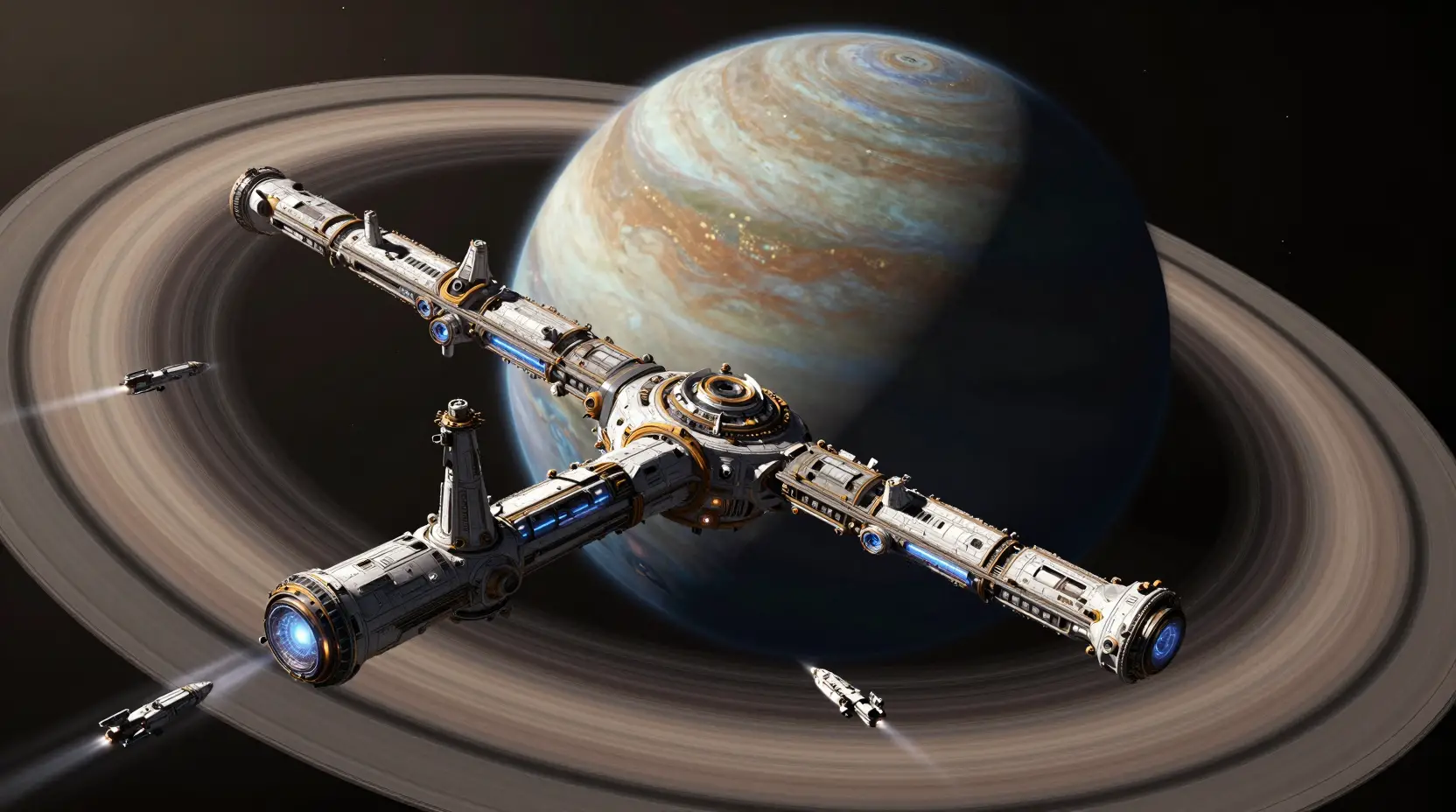 Vast ring shaped space station above a majestic gas giant