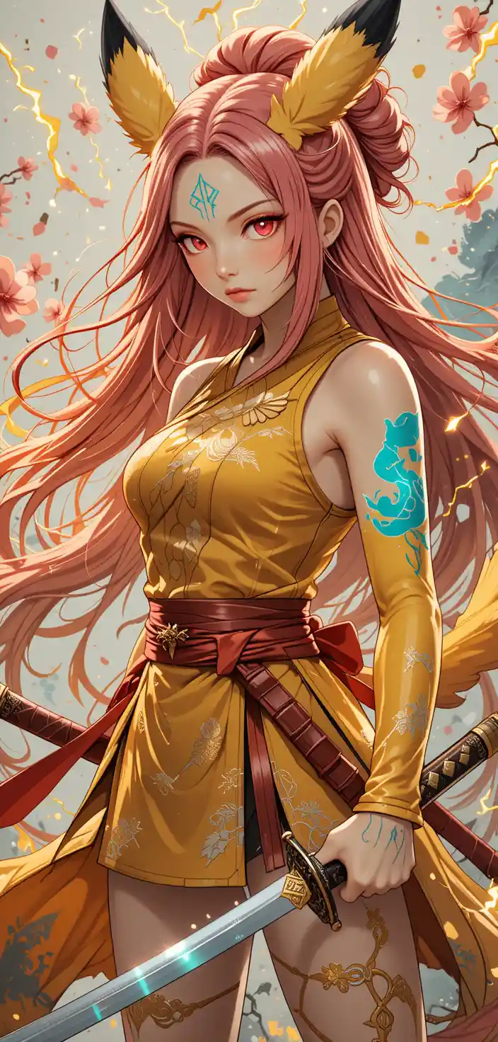 Anime warrior woman with glowing runes and electric energy