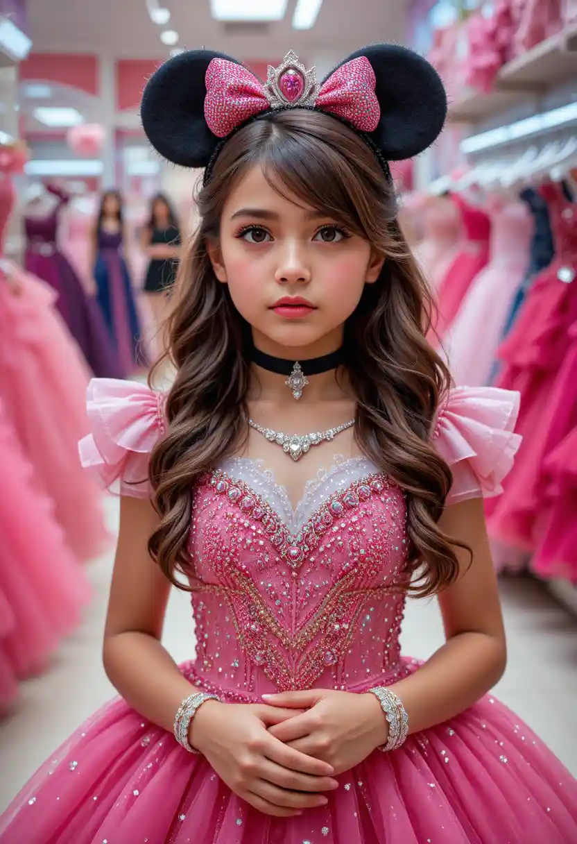 Nervöse junge Prinzessin in einem rosa Minnie-Maus-Kleid