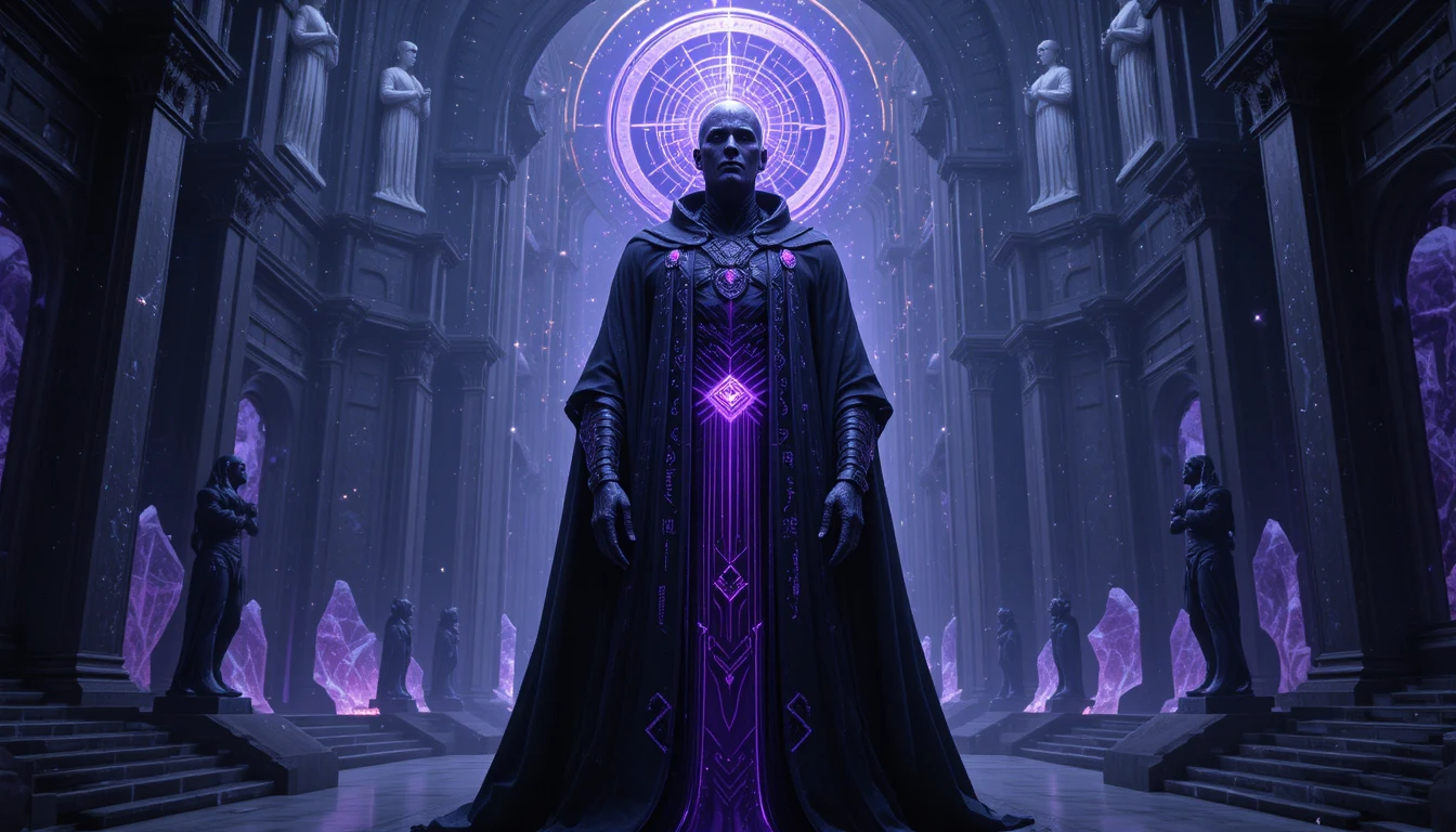 Regal philosopher in a violet cosmic sanctuary