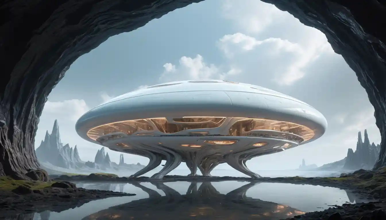 Organic alien latex spaceship with glowing energy veins