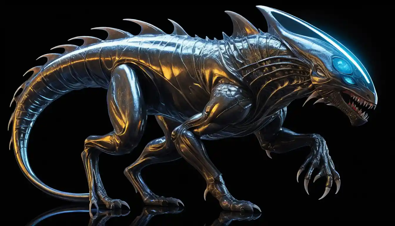 Alien latex starship creature with glowing cosmic veins