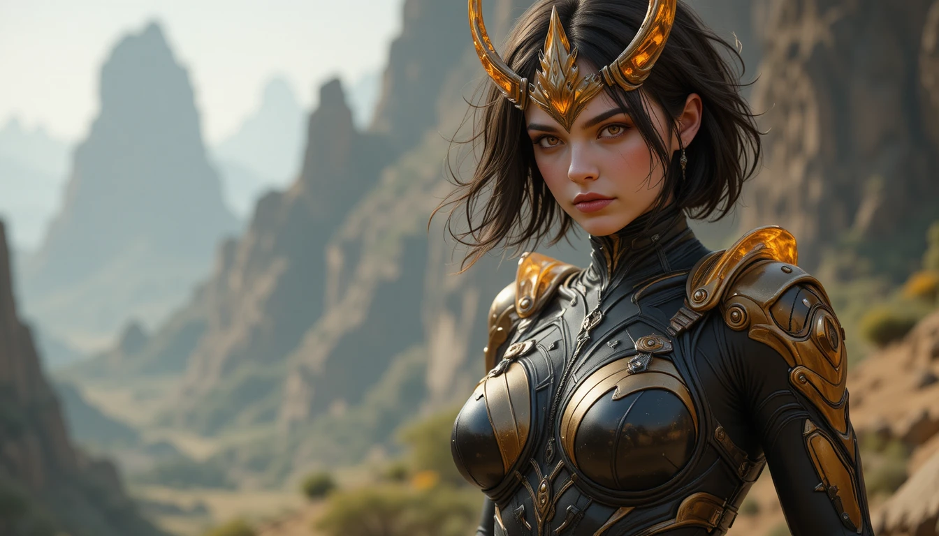Alien huntress in black and gold bodysuit concept art