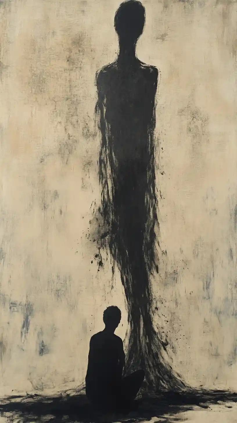 Kneeling figure facing unseen force with rising shadow form