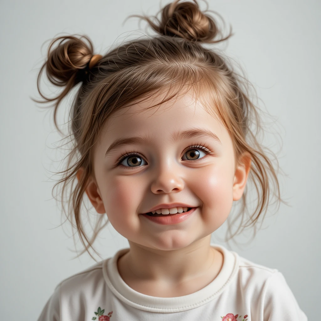Cute toddler girl portrait with messy bun and bright eyes