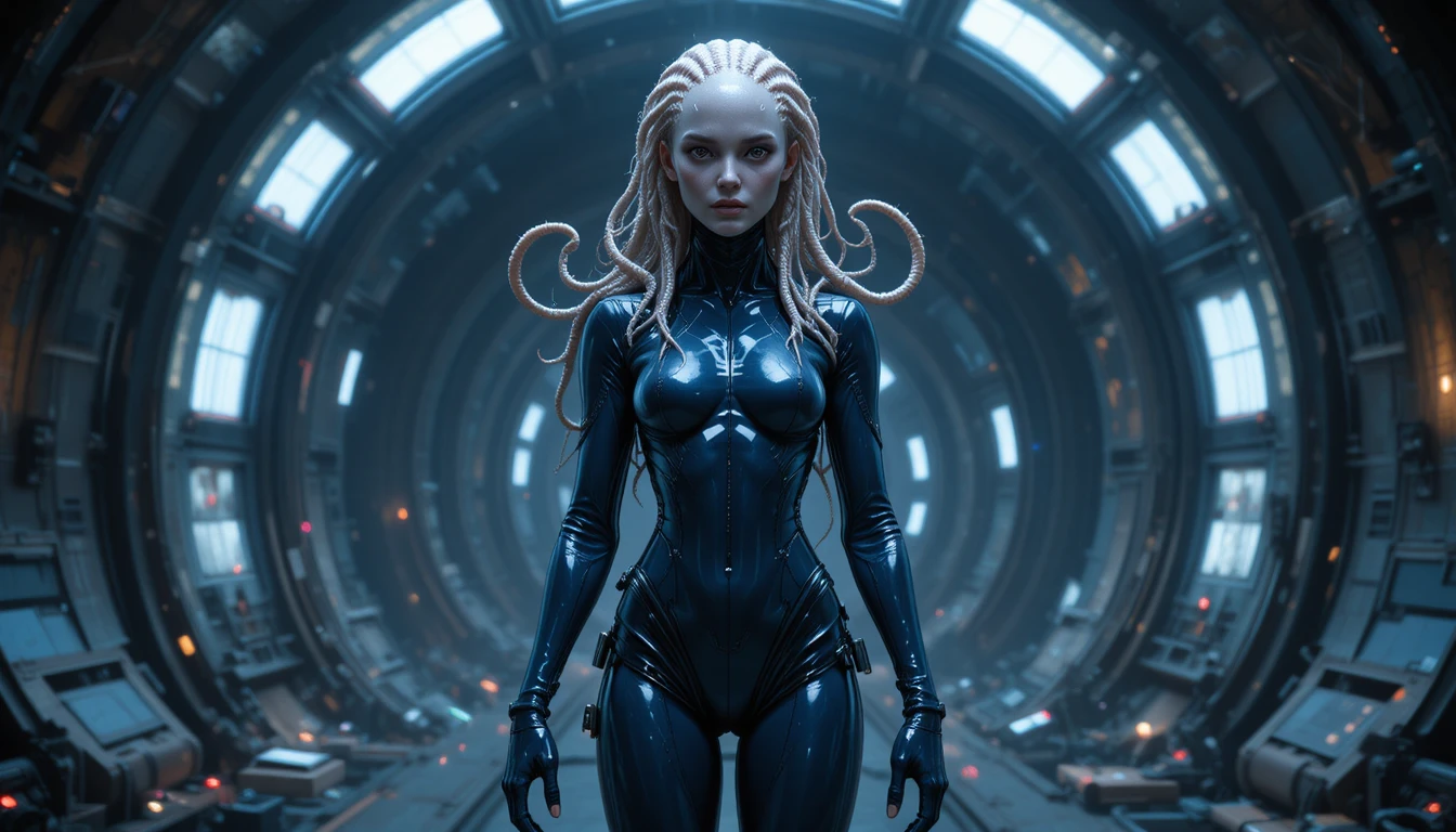 Donna sci-fi con tentacoli in un osservatorio di spazio profondo