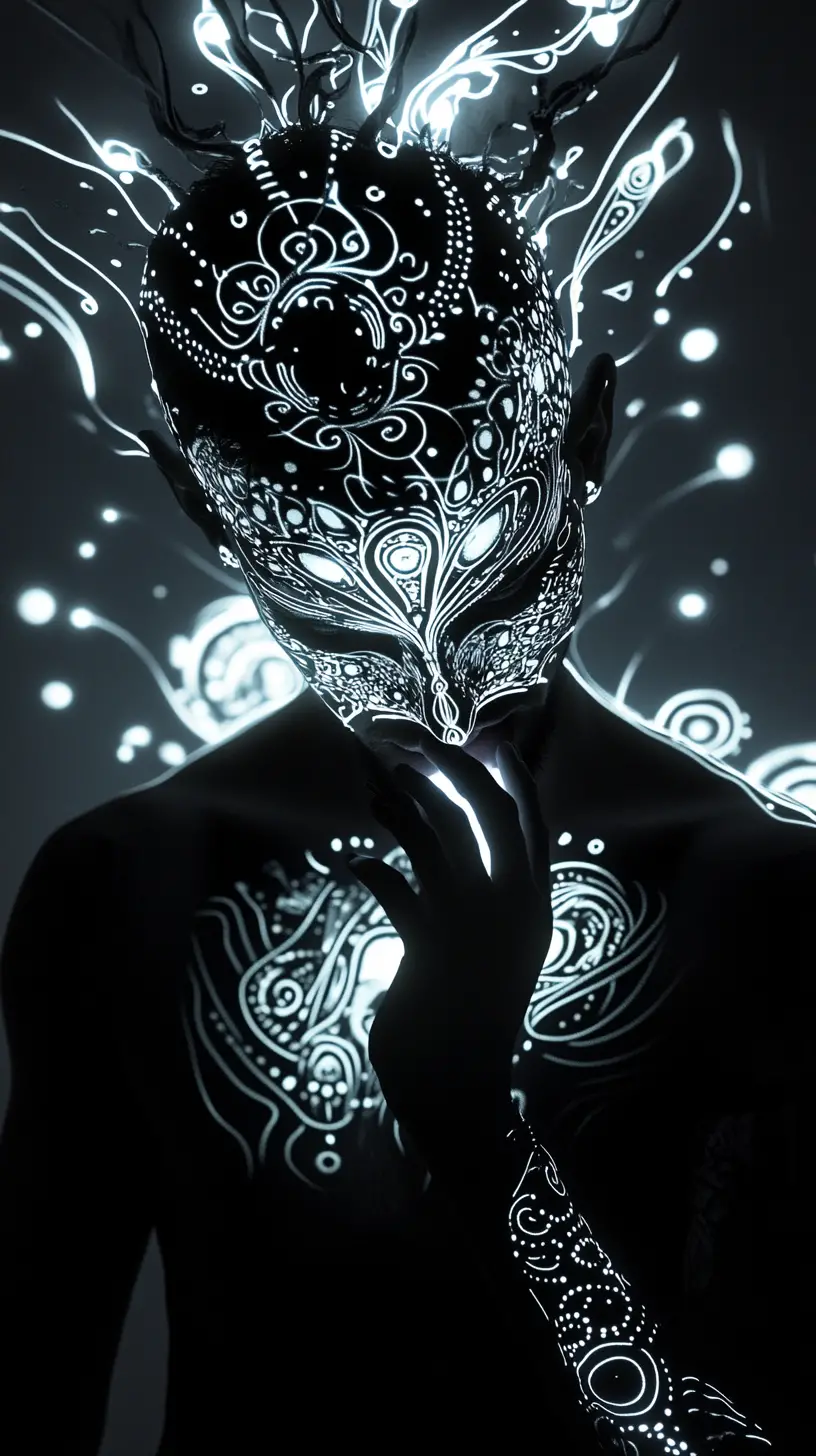 Mythical creature outlined by glowing patterns in darkness