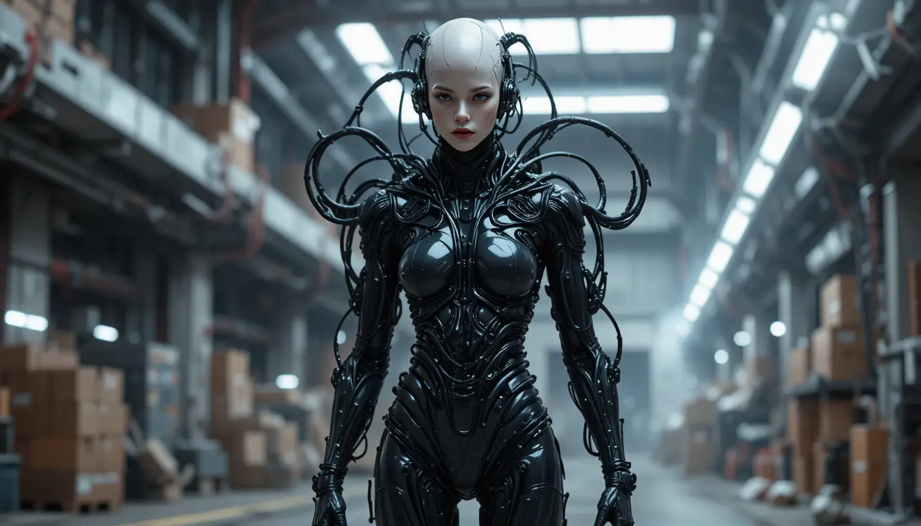 Full body sci fi humanoid of living tubes in latex suit