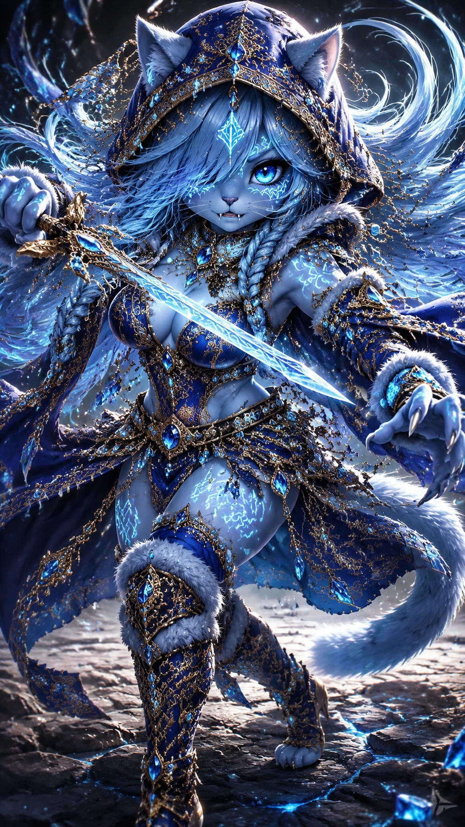 Anthropomorphic feline warrior girl in glowing rune armor