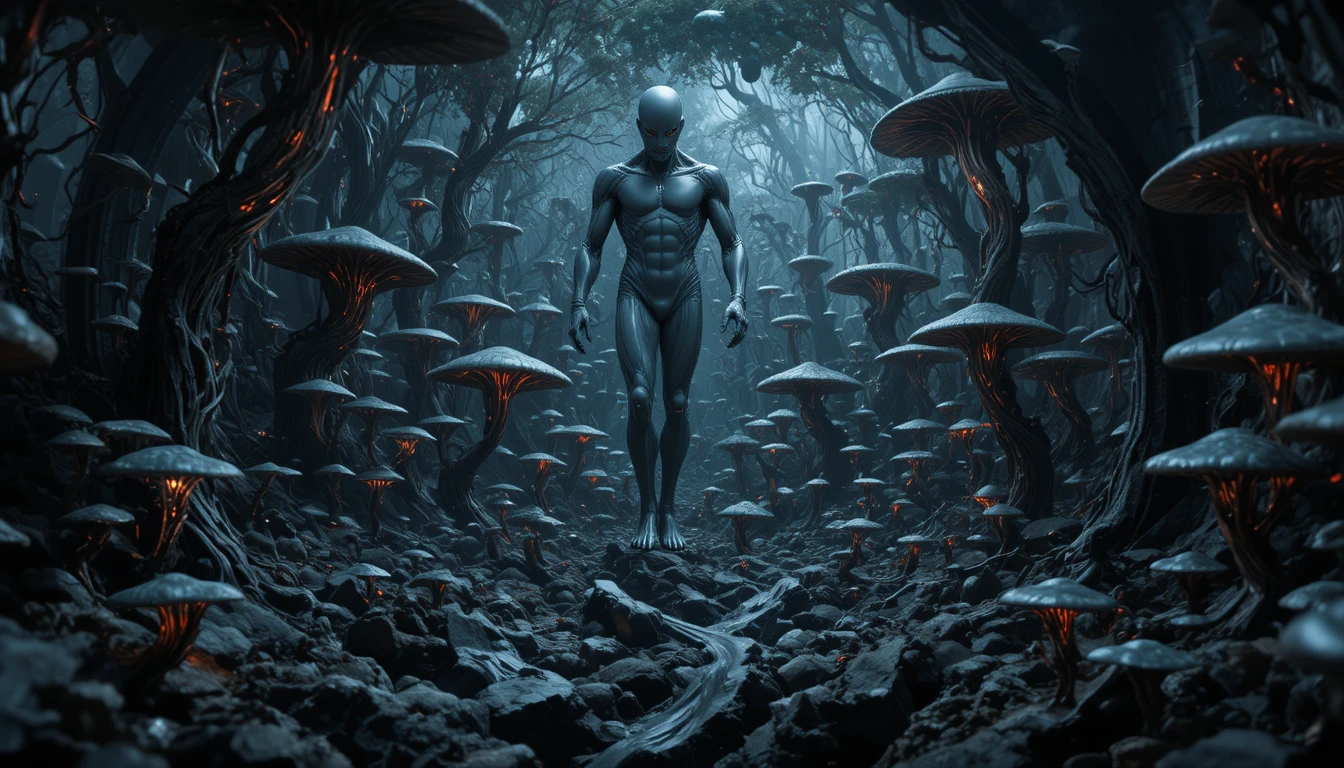 Dark alien latex forest glowing with red energy