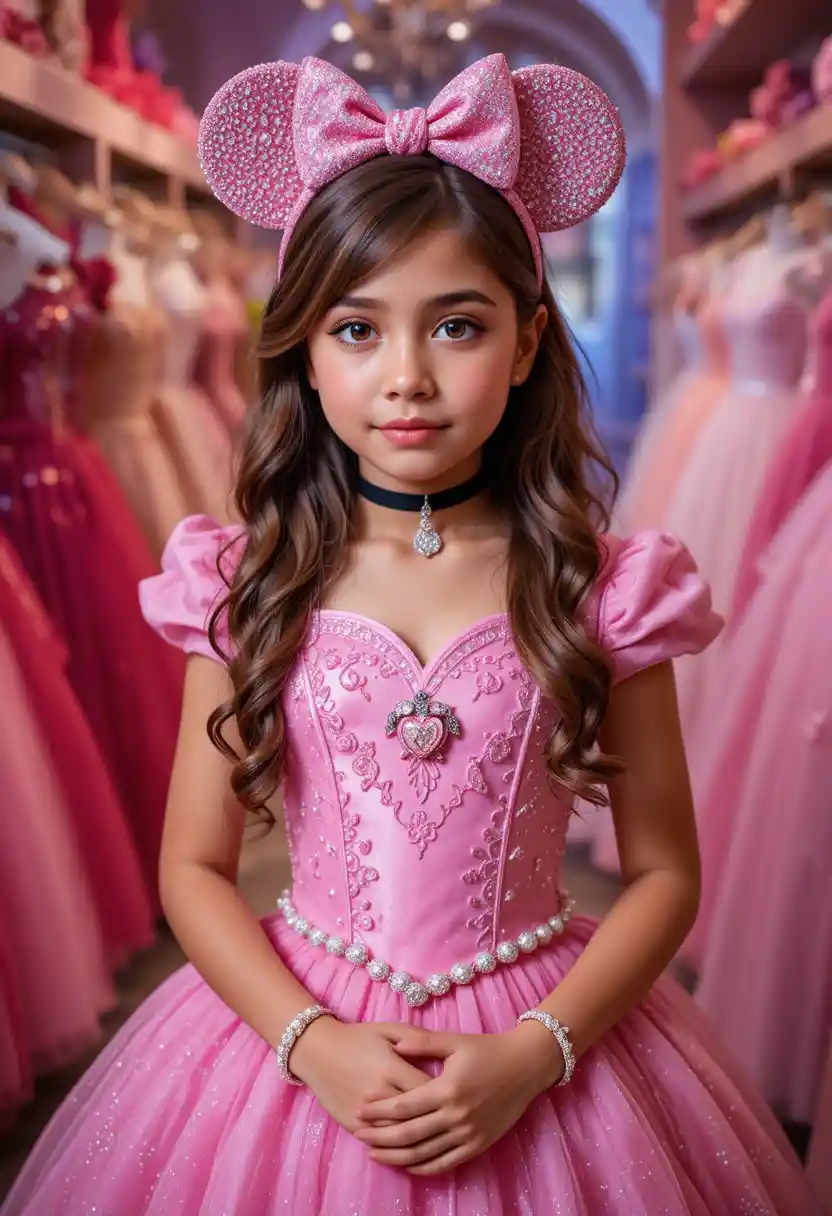 Nervous tween in pink Minnie dress becomes a young princess