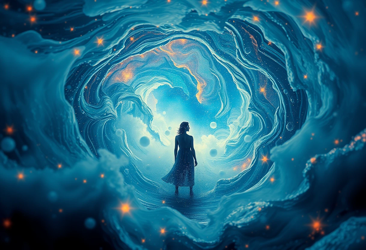 Human Silhouette Within A Surreal Cosmic Water Circle