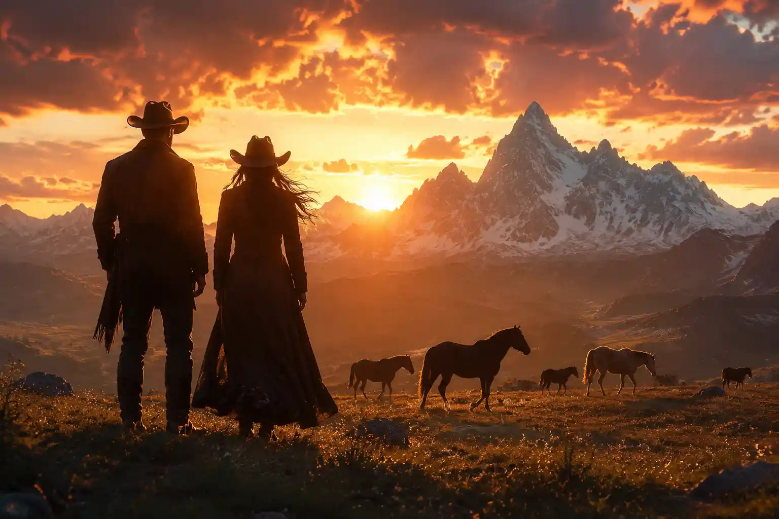 Cowboy and cowgirl silhouettes at sunset with roaming horses