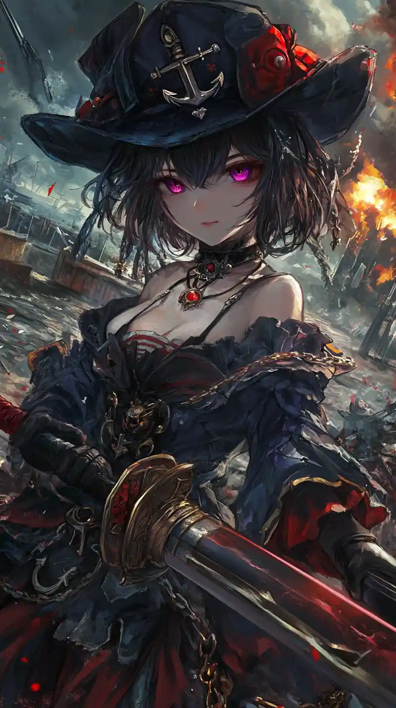 Anime girl warrior with sword and rifle in ruins