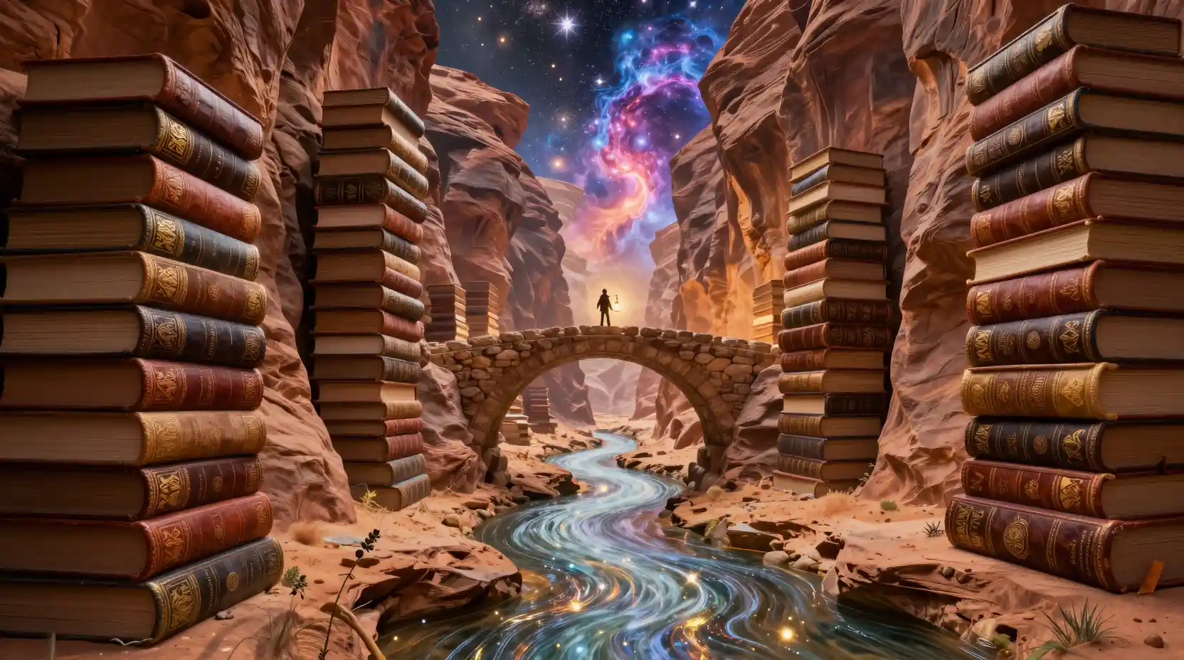 Surreal canyon of towering books and stardust river