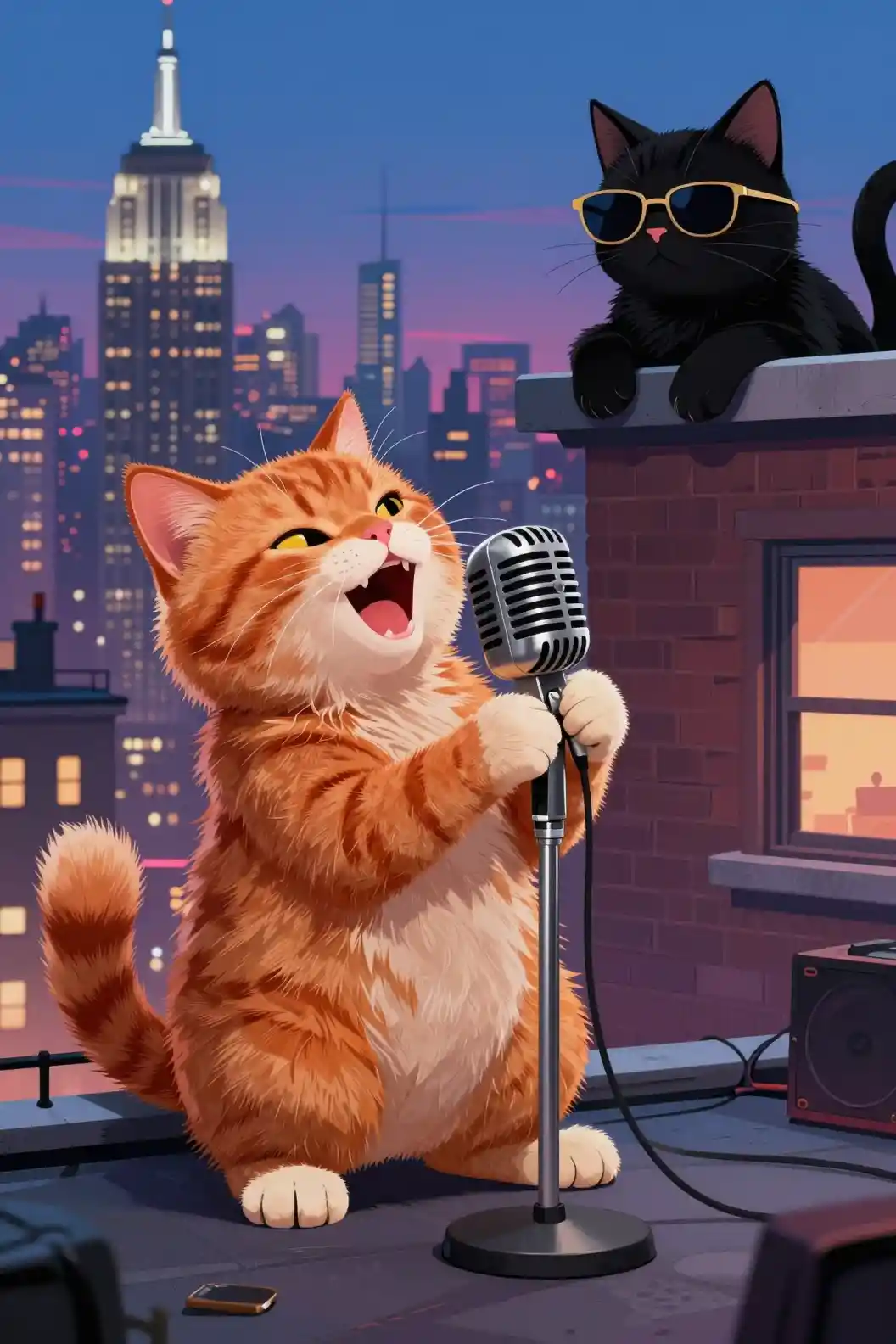 Soffice gatto rosso che canta in un microfono vintage sul tetto