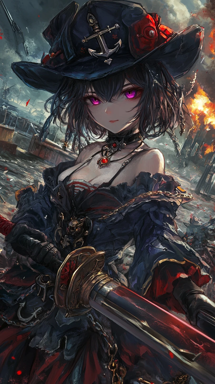 Guerriera anime con spada e fucile tra le rovine