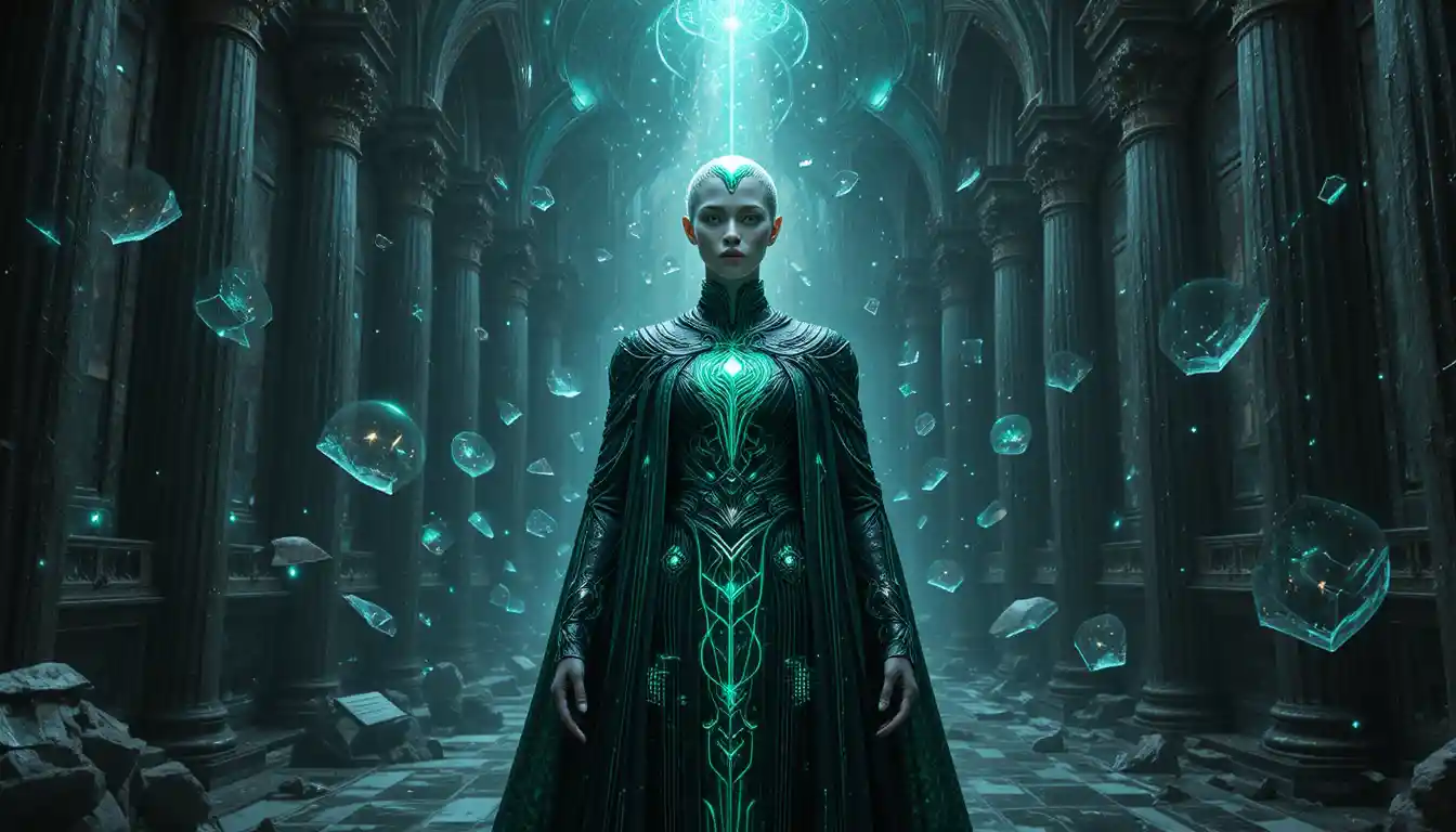 Emerald eyed philosopher in a celestial academic sanctum