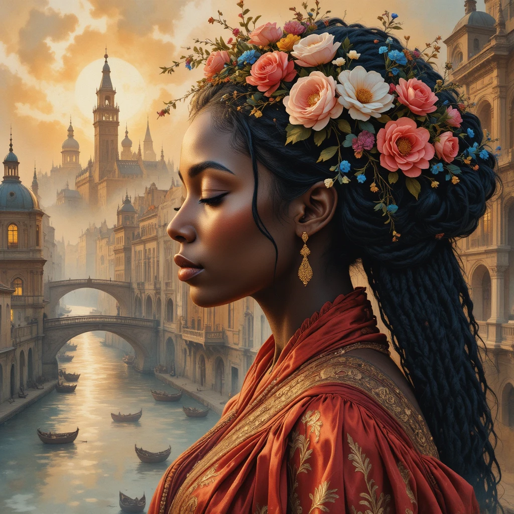Watercolor portrait of a regal Black woman in crimson gown