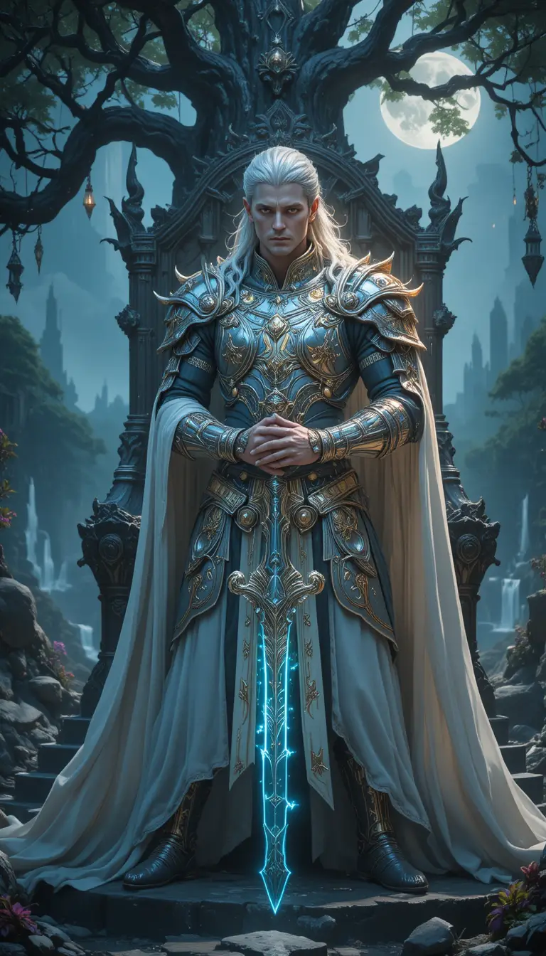 Elf warrior king on a shattered obsidian throne