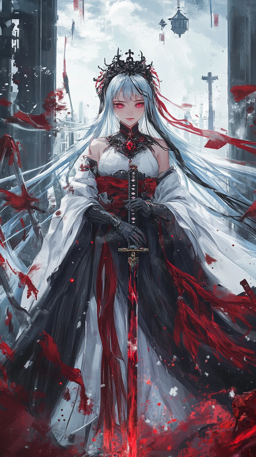 Girl with katana facing ghostly puppets in market hall