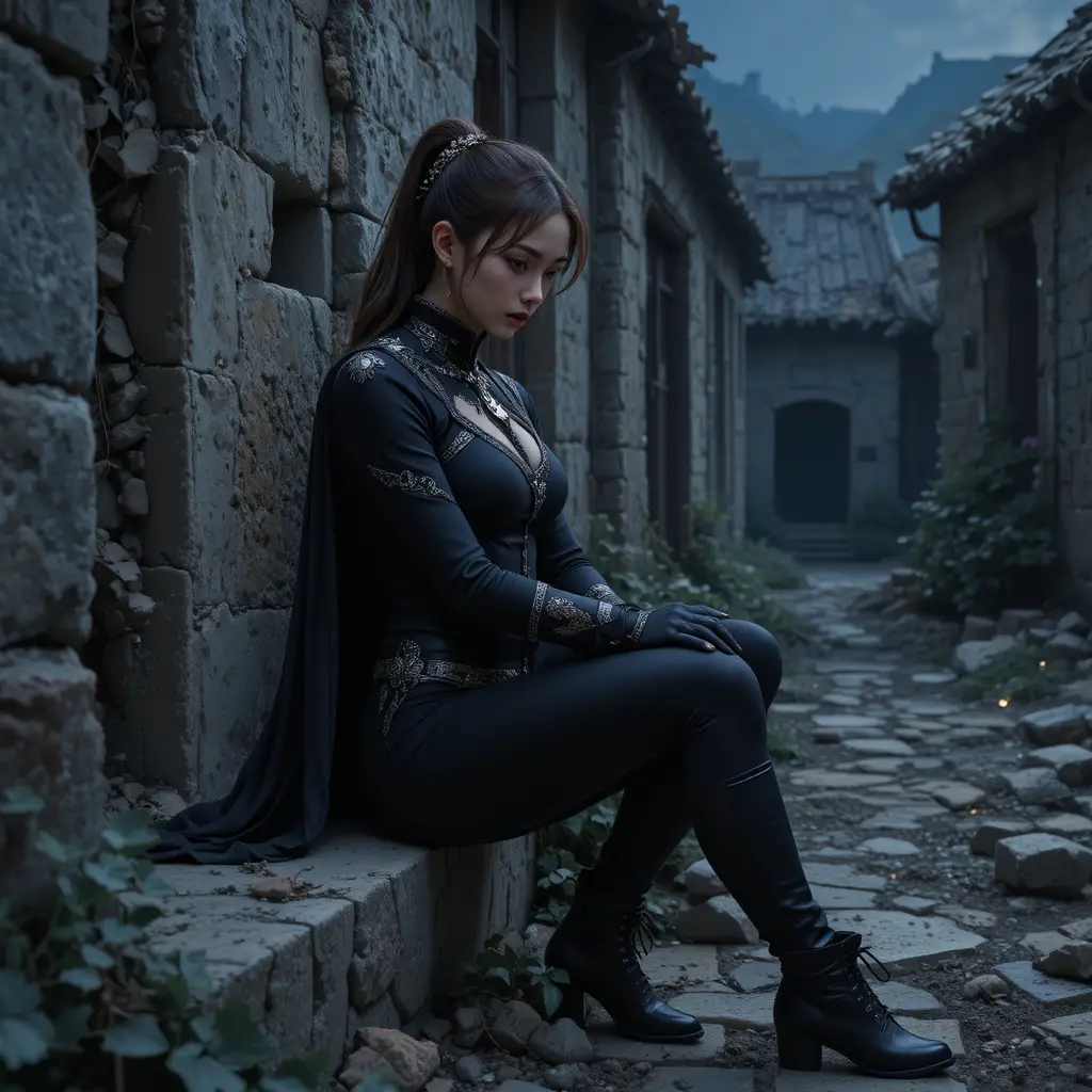 Dark elf woman resting in ruined medieval village