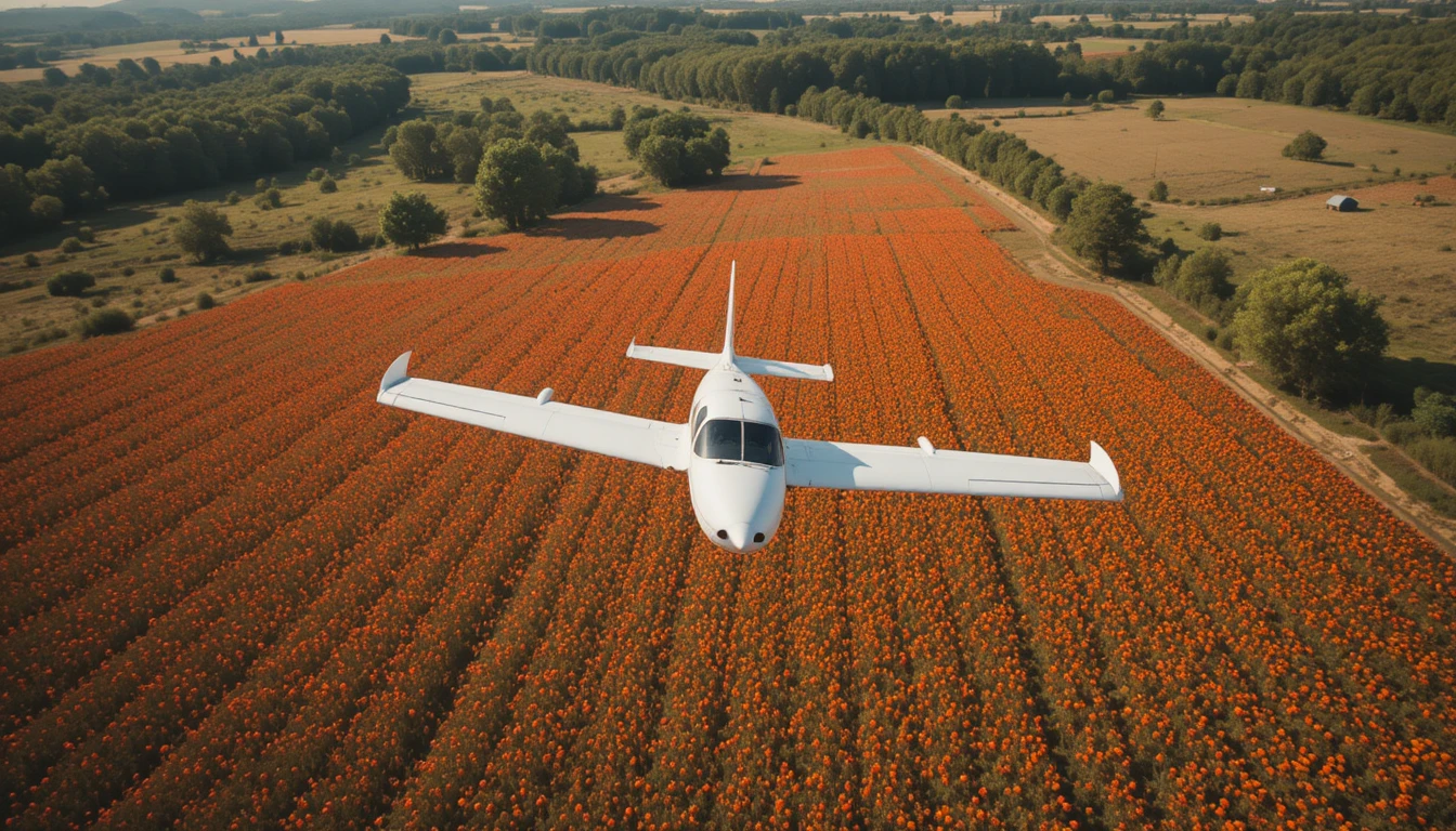 Small airplane flying above a vibrant poppy flower field