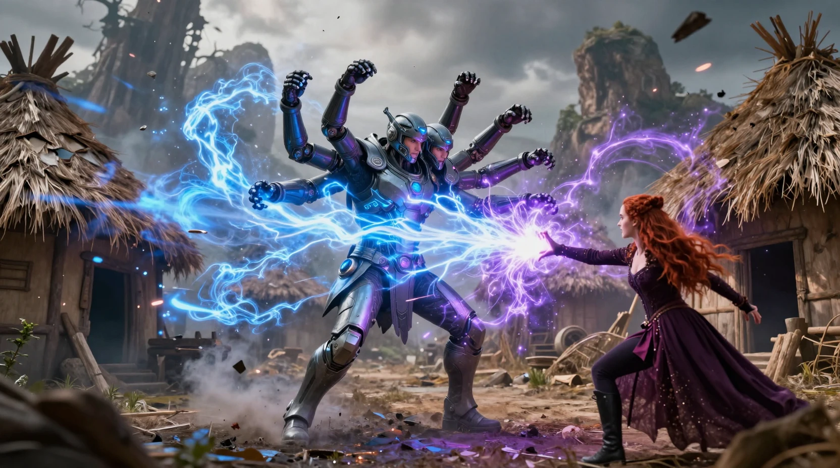 Three headed armored warrior clashing with young witch