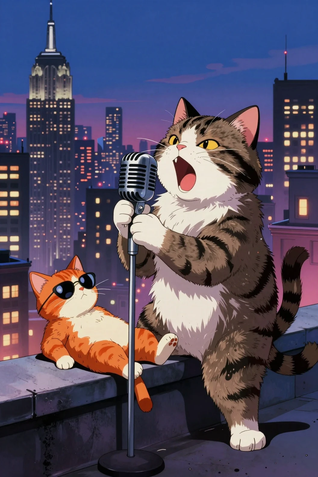 Fluffy tabby cat singing into a vintage rooftop microphone