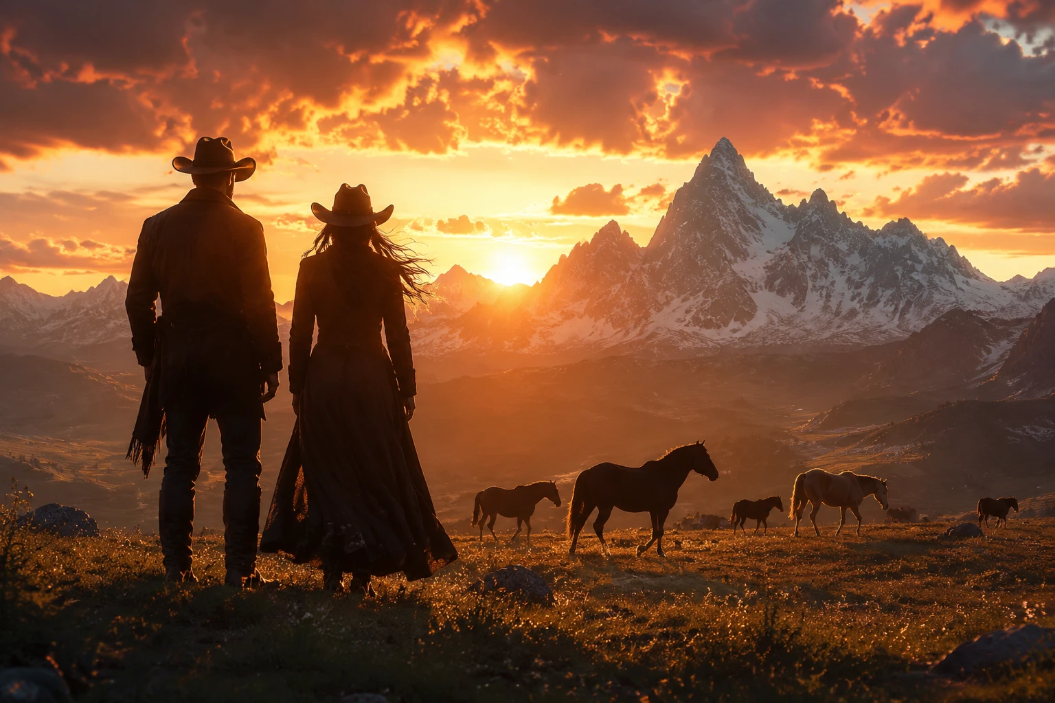 Cowboy and cowgirl silhouettes at sunset with roaming horses