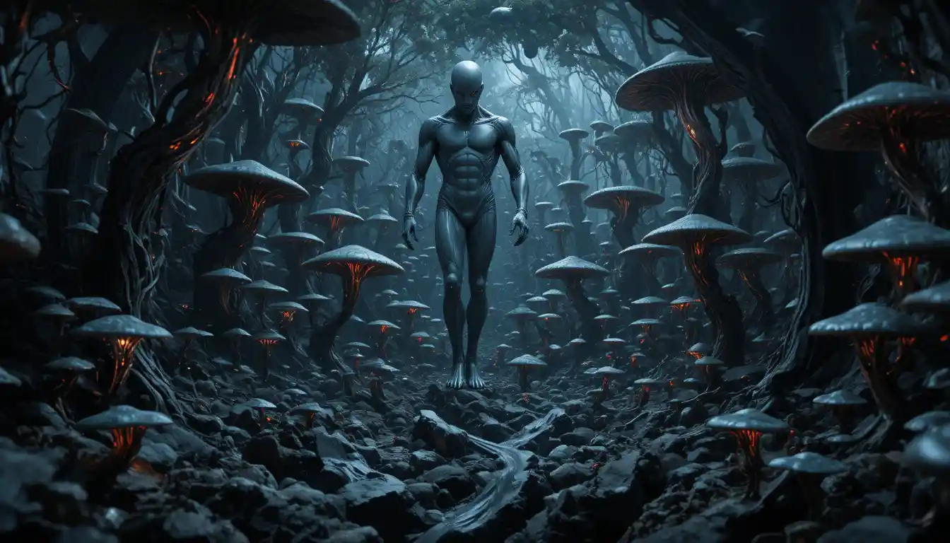 Dark alien latex forest glowing with red energy