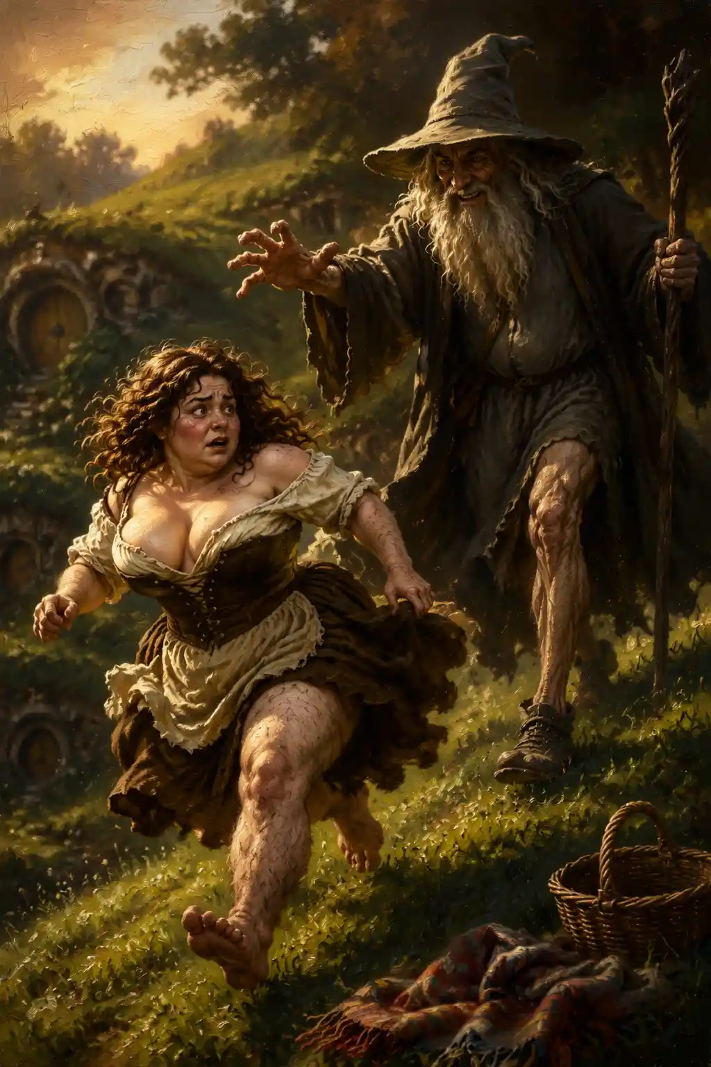 Panicked hobbit woman chased across sunlit green hills