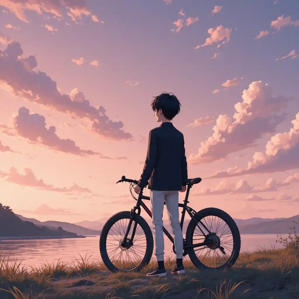 Anime boy with bike over pink evening river sky