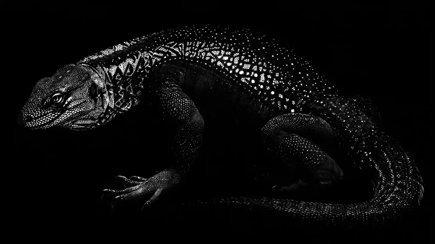 Creatura mitica delineata da tatuaggi luminosi nell’oscurità
