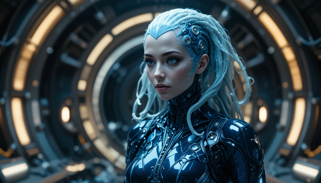 Sci fi woman in latex suit at deep space observatory