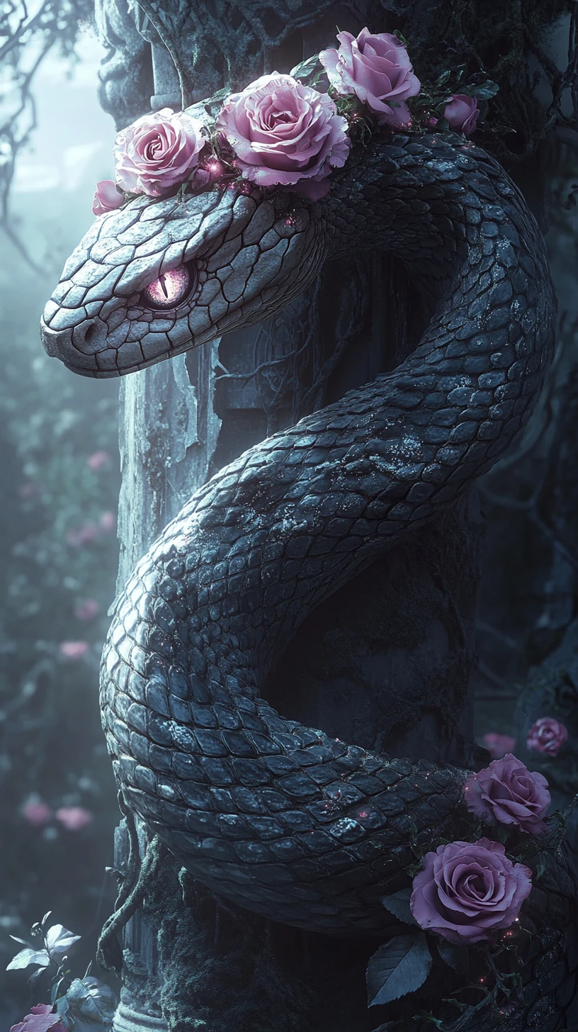 Ornate fantasy serpent coiled among ancient crumbling pillars