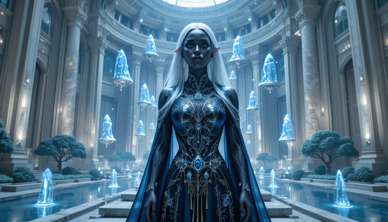 Dark elf philosopher in a celestial twilight temple
