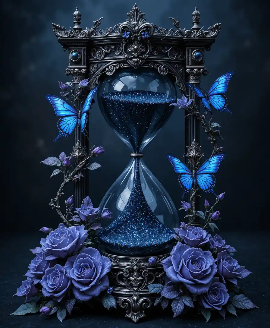 Gothic silver hourglass with roses and butterflies