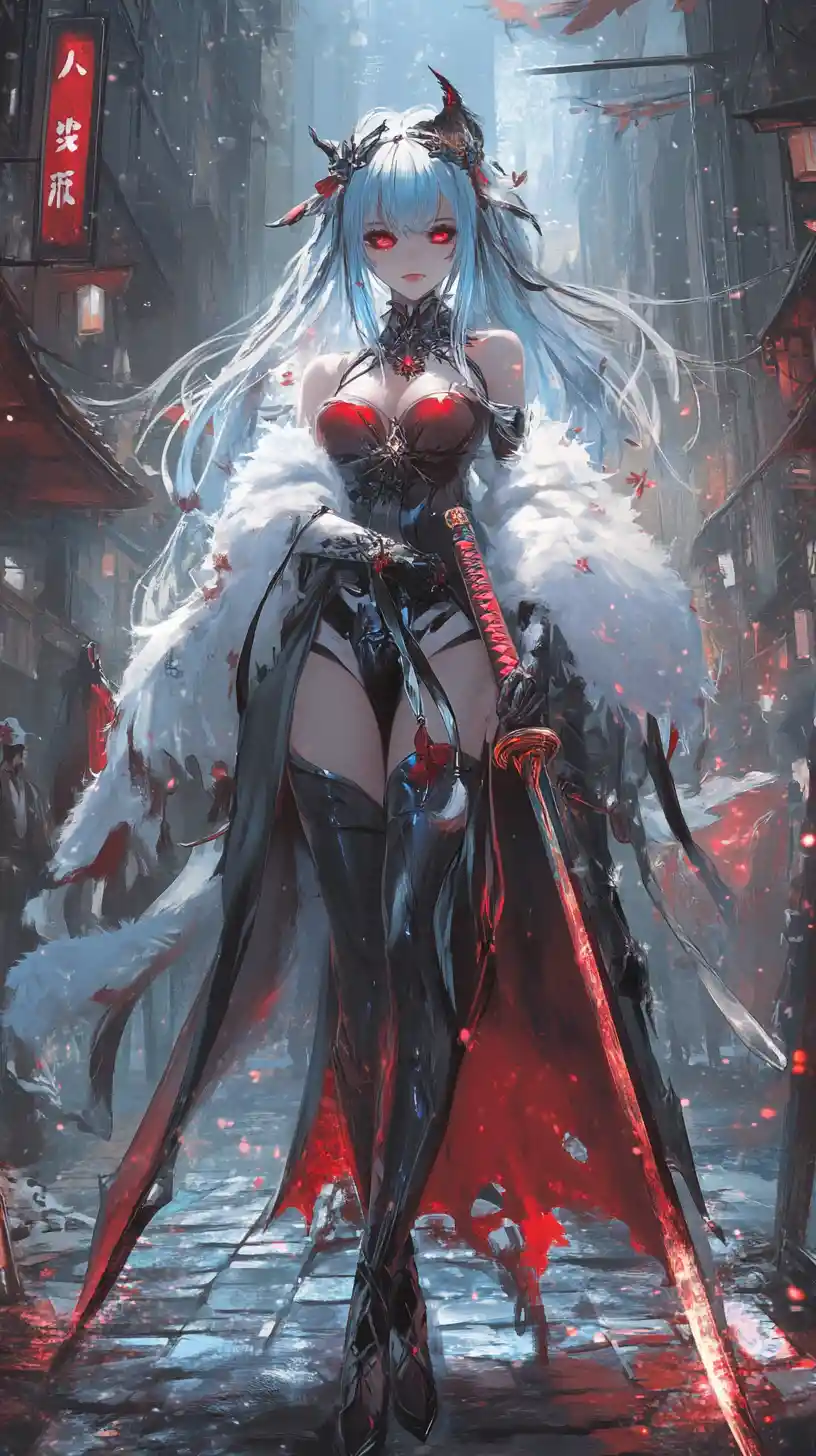 Anime girl with katana facing ghostly puppets in market