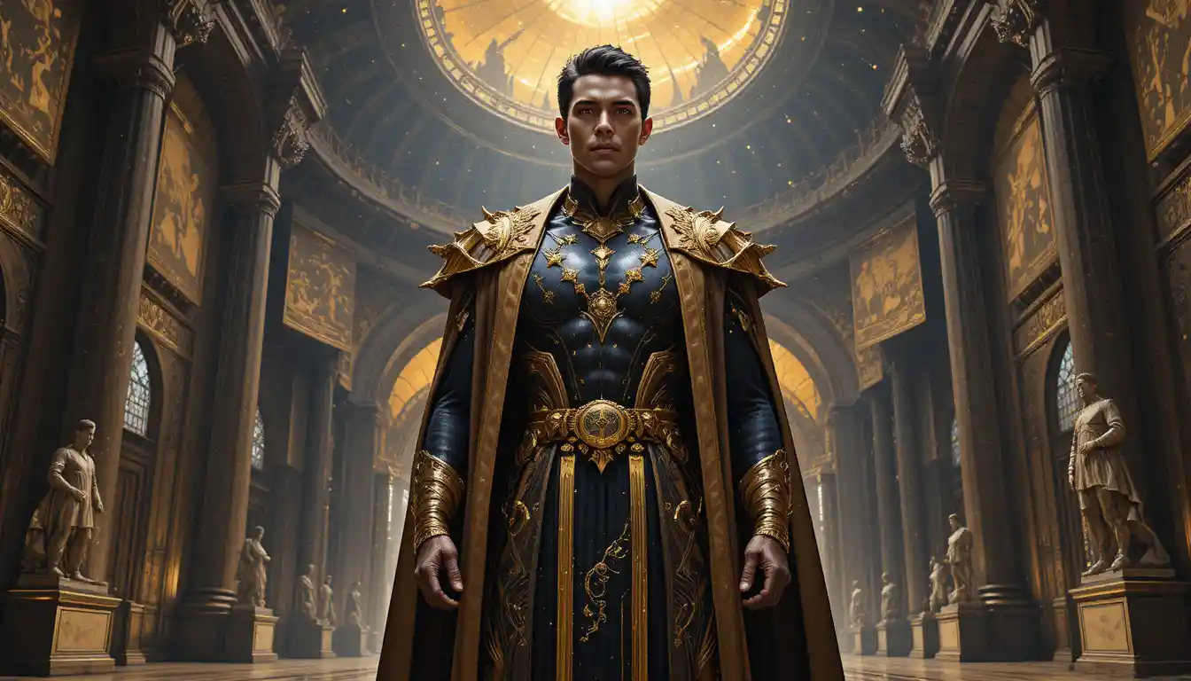 Legendary scholar strategist in a grand golden fantasy hall