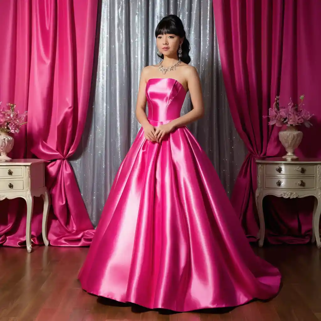 Elegant woman in hot pink satin ballgown indoors