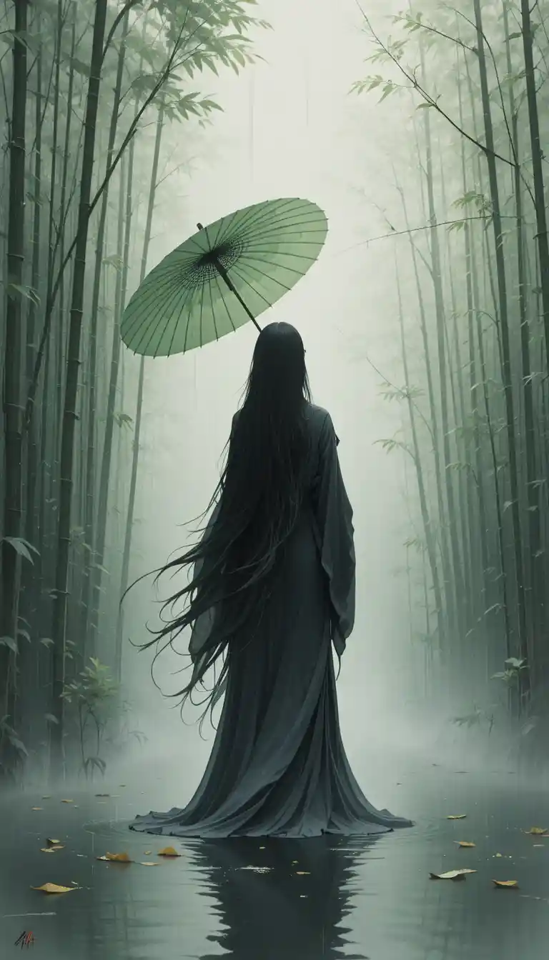 Woman in dark hanfu under umbrella in bamboo rain