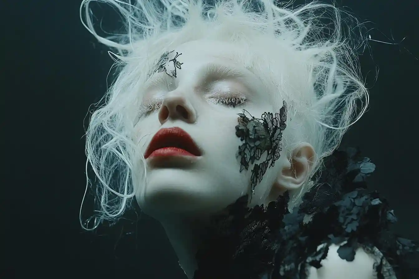 Albino woman in papercut floral dress with surreal makeup