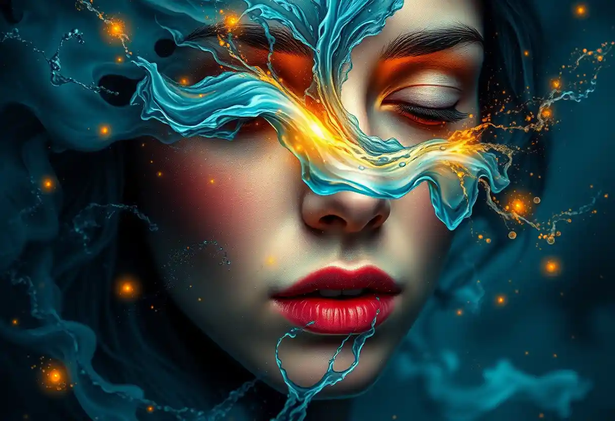 Mystical close up portrait merging with cosmic water cycle