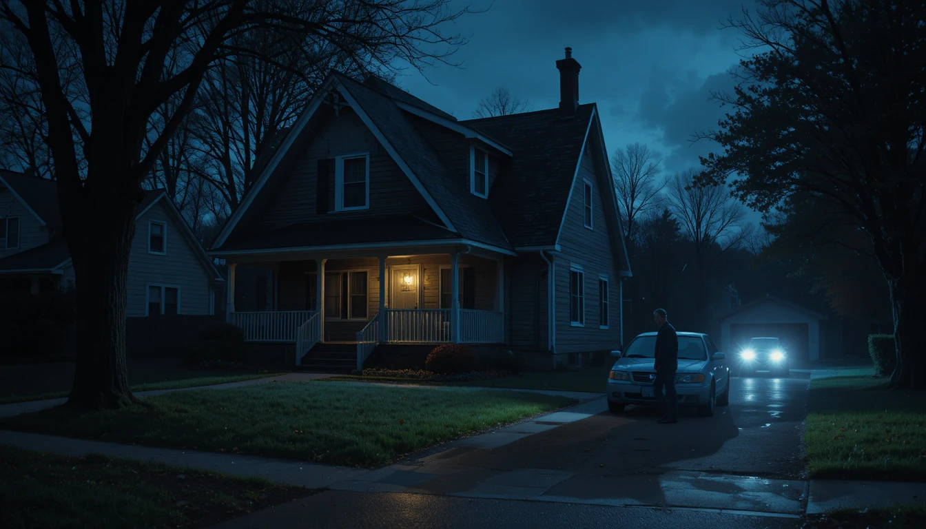 Dark suburban house with porch light and looming figure